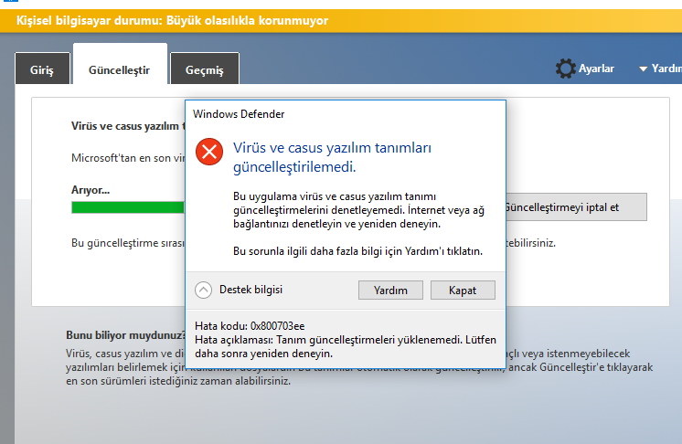 0x800703ee windows defendar ve updeta güncelleme sorunu Microsoft