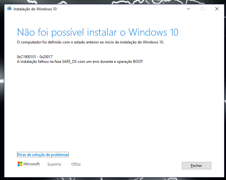 Não foi possível instalar o Windows 10: Erro 0xC1900101 - 0x20017 -  Microsoft Community