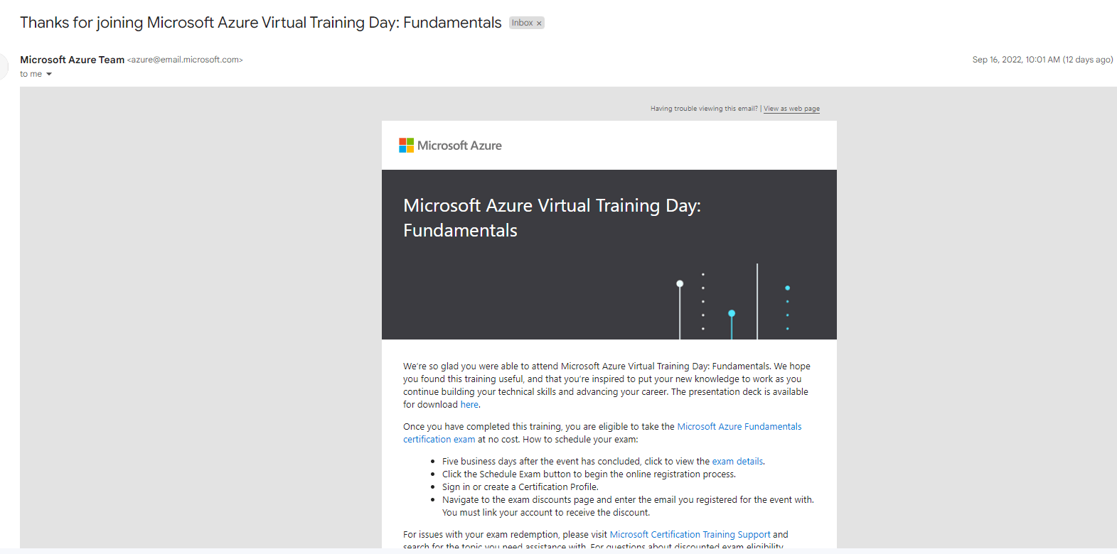 Executie Psychologisch Huiswerk maken Discount not received for event "Microsoft Azure Virtual Training - Training,  Certification, and Program Support
