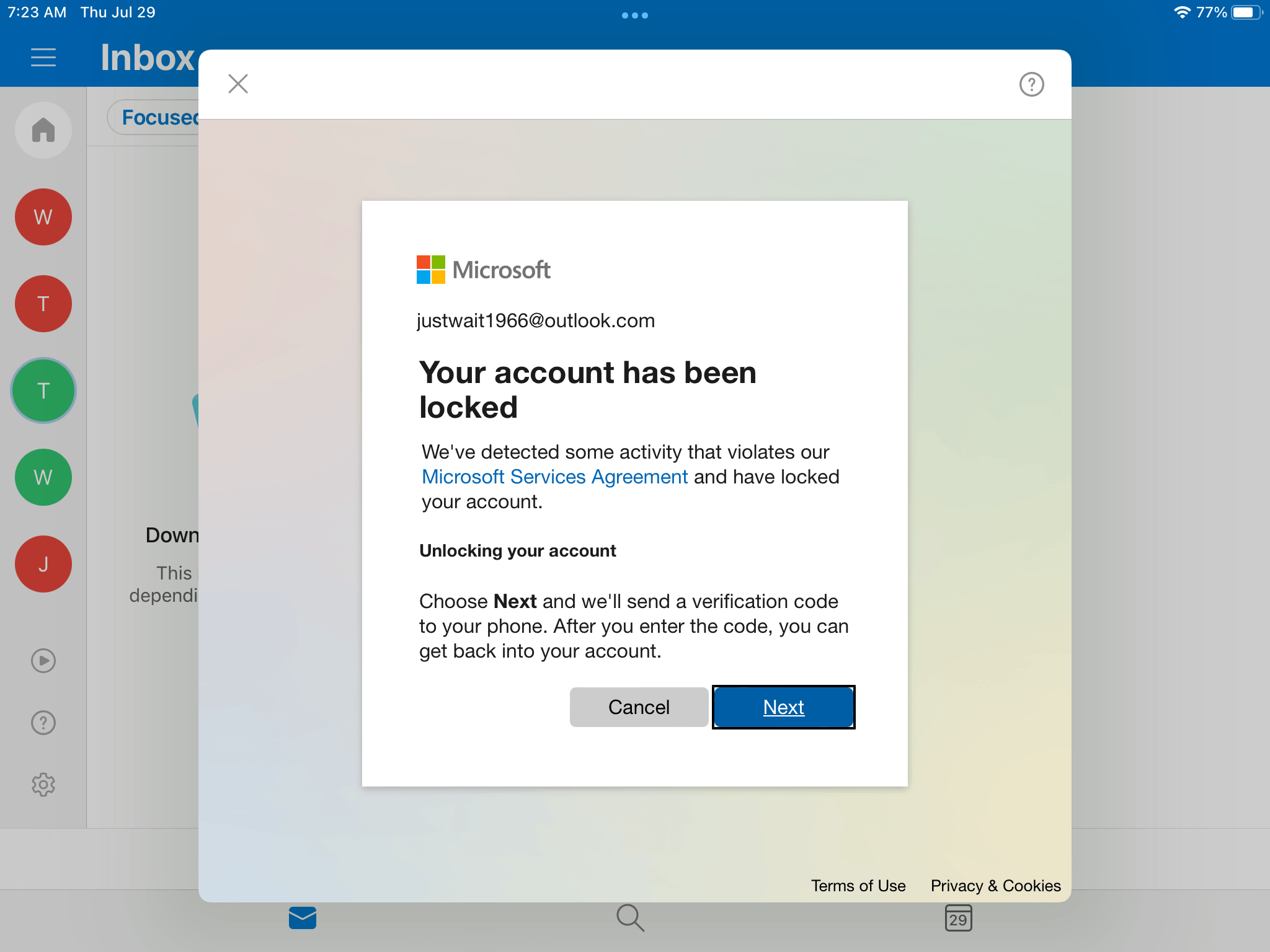 microsoft account locked and can't send code