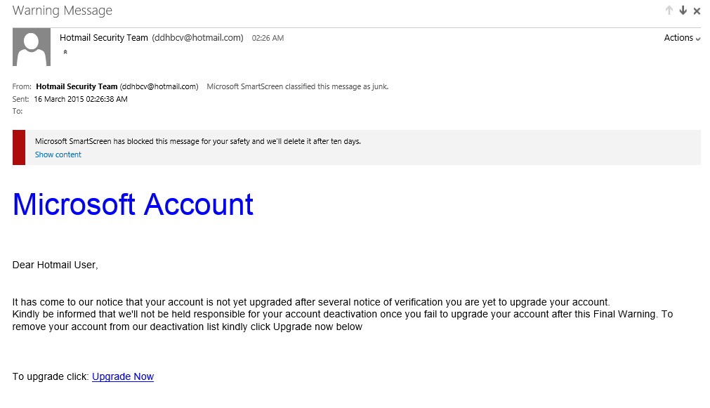 Email giving final notice to upgrade microsoft account Microsoft