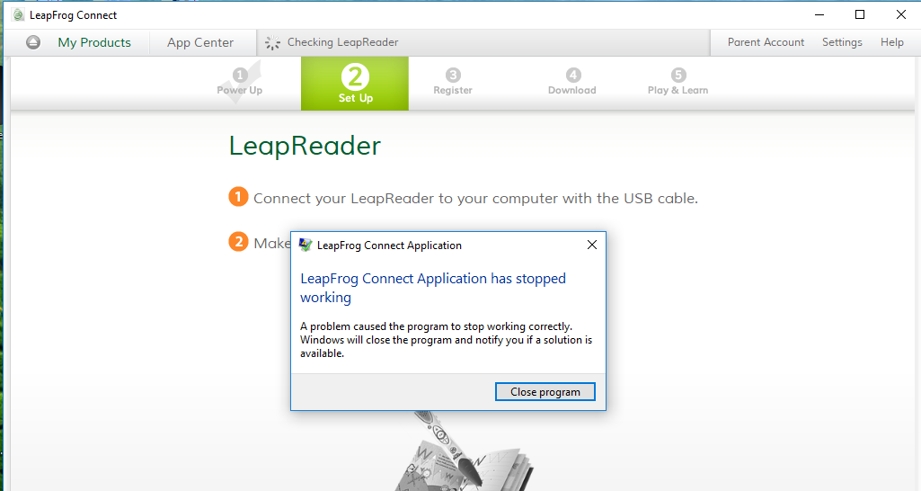 LeapFrog Connect freezes and crashes after inserting LeapReader in USB