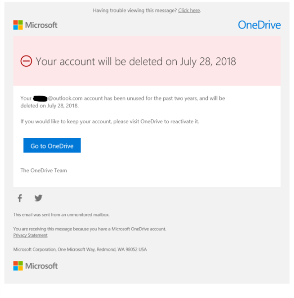 OneDrive account to be deleted message, confused