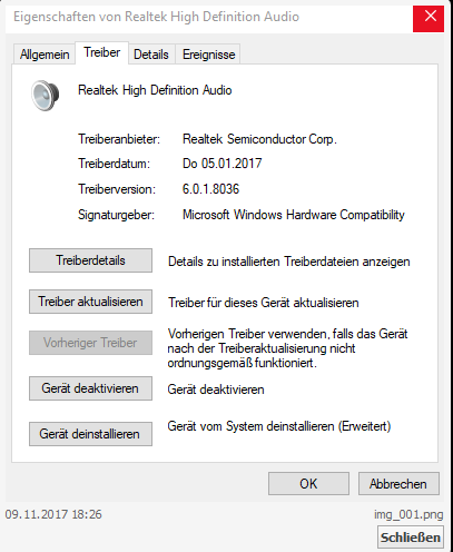 Realtek High Definition in der Build 17035 REDSTONE 4 funktioniert nicht und der Ton ist zu leise.