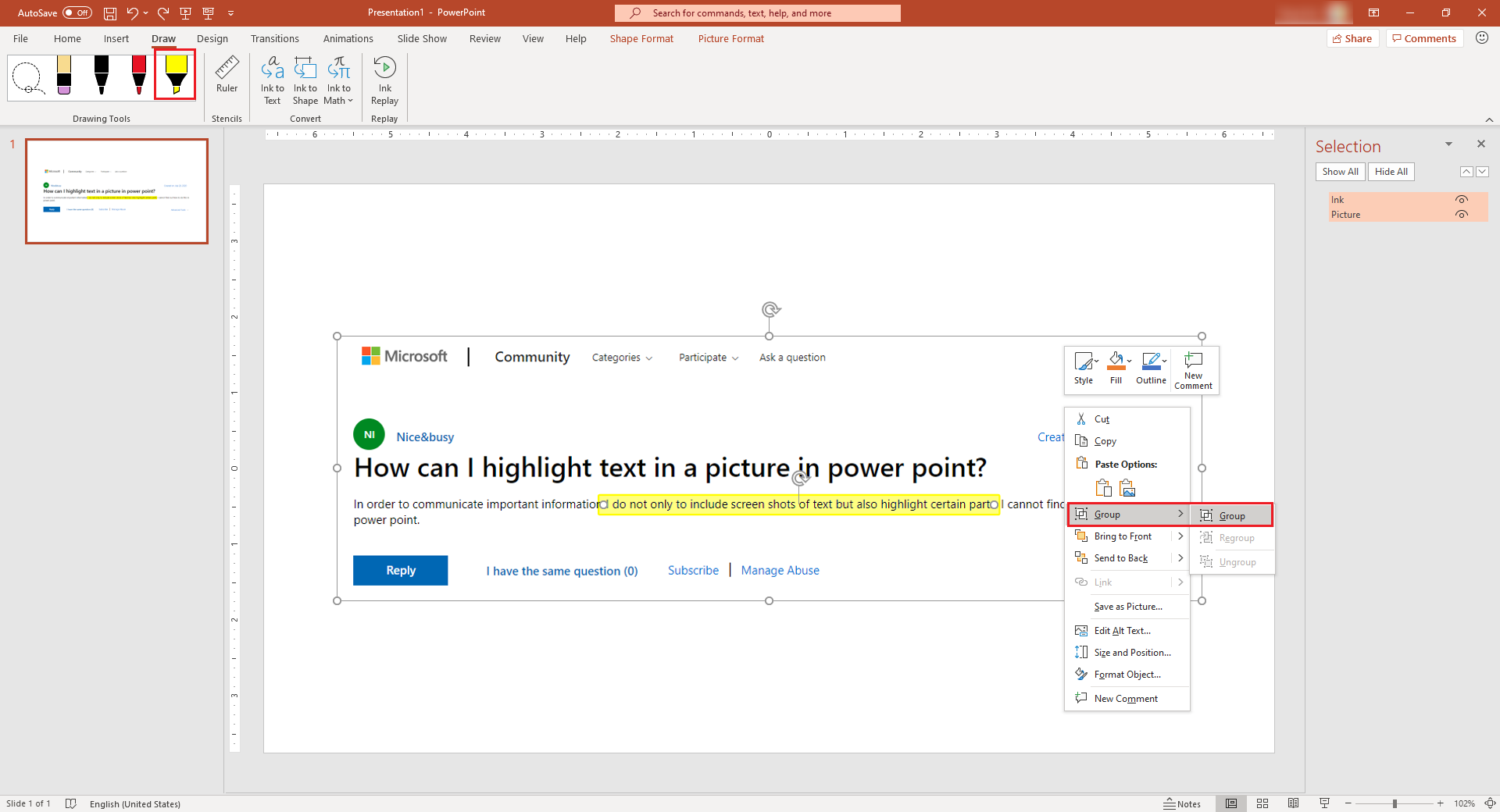 How Can I Highlight Text In A Picture In Power Point Microsoft Community 5096