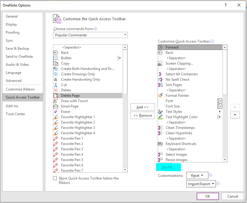 The Modify Button In The Ribbon Customization Part Of Onenote Options Microsoft Community