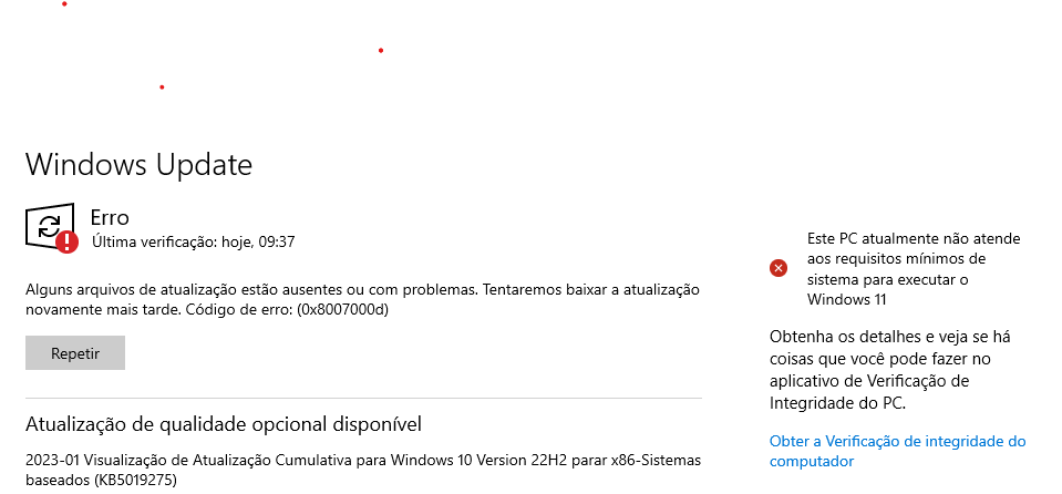 Está dando erro para baixar a atualização - Microsoft Community