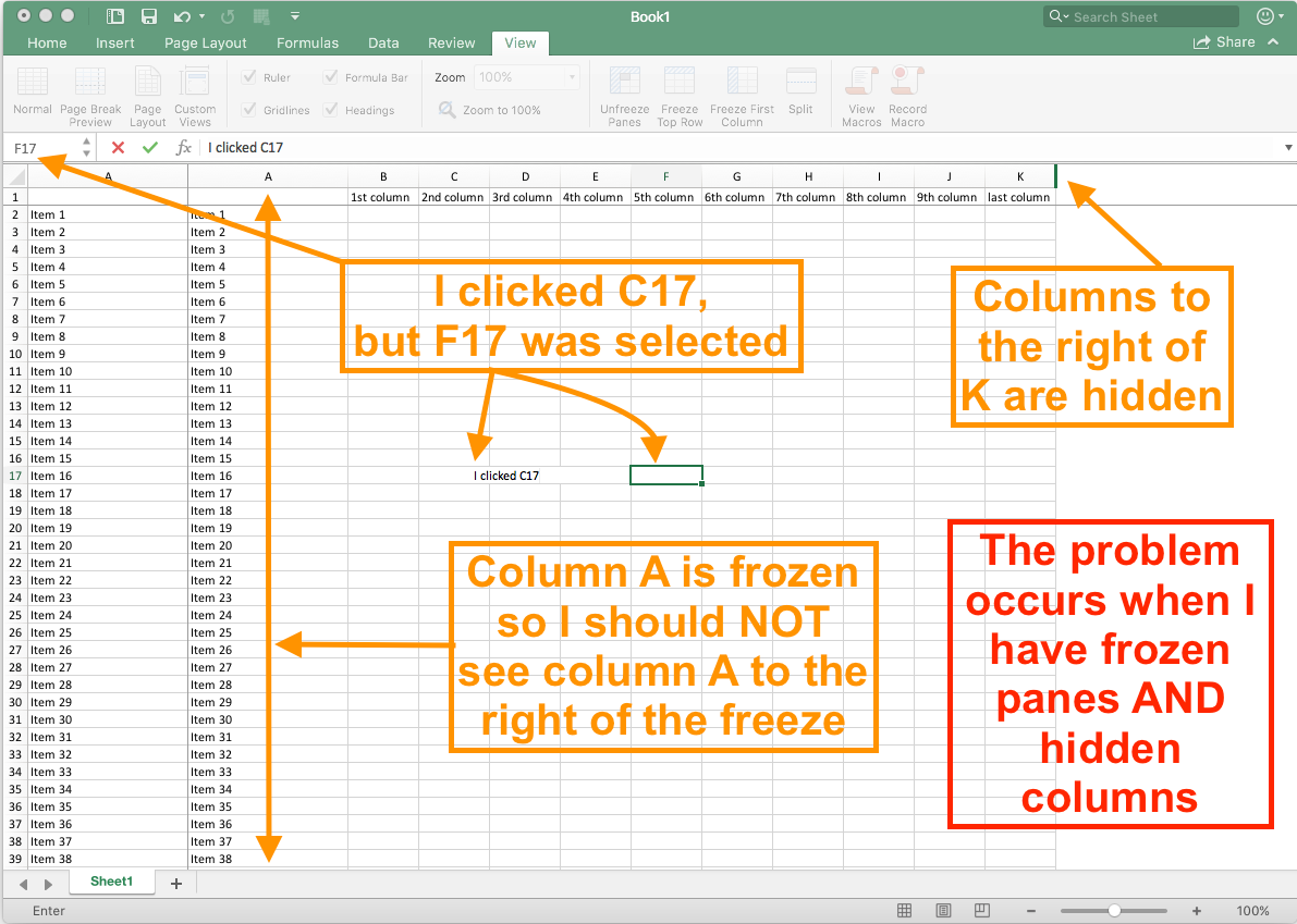 BUG REPORT Excel get confused if you have frozen panes AND hidden