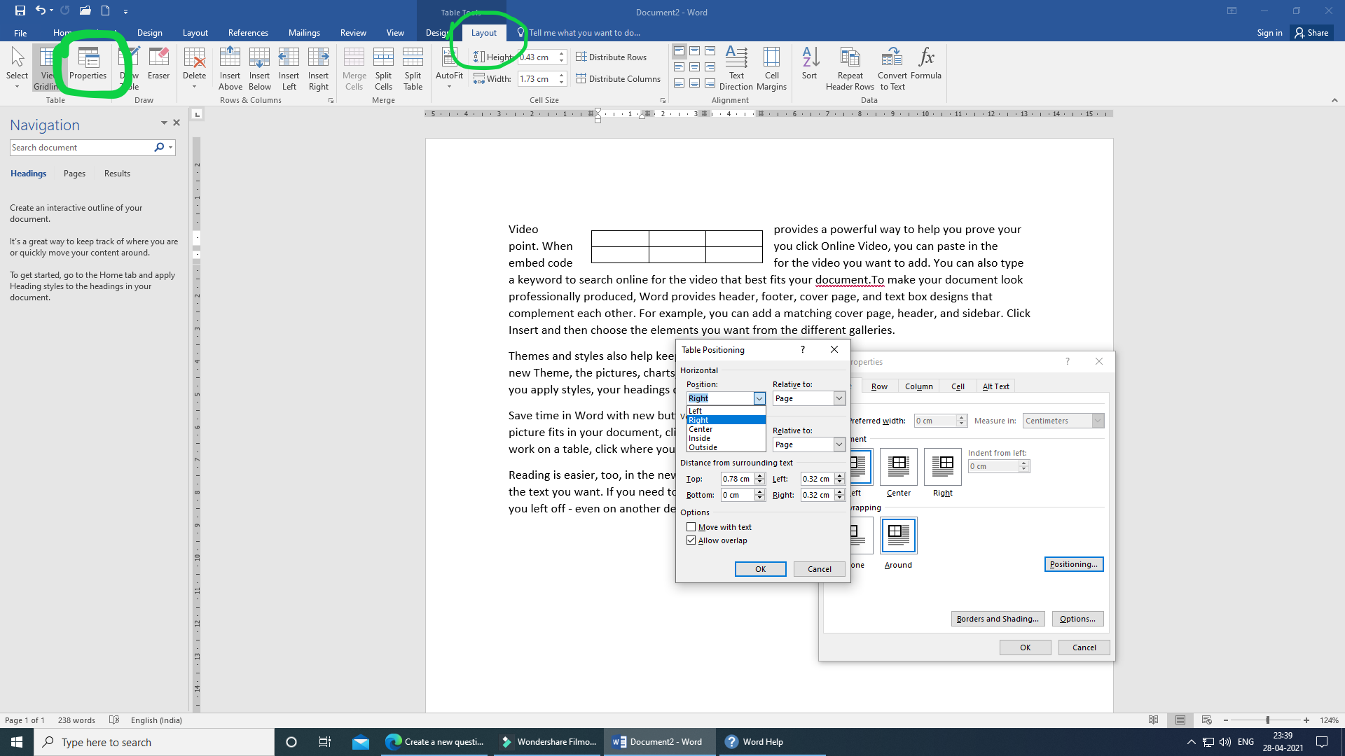 Please help me to understand Table positioning in MS Word 2016, in ...