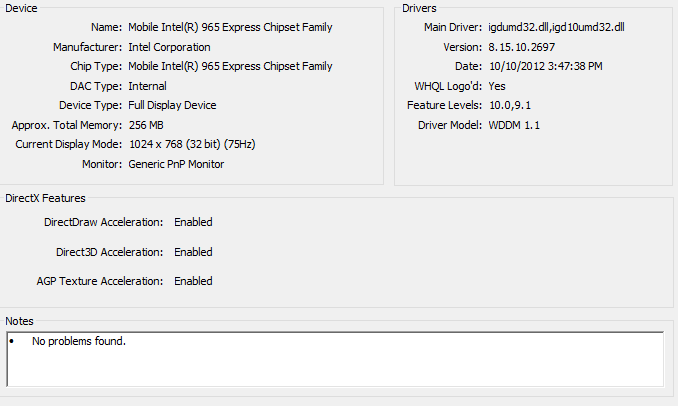 Problems found. Mobile Intel(r) 4 Series Express Chipset Family (Microsoft Corporation - WDDM 1.1). Mobile Intel r 4 Series Express Chipset Family. Unable Set Graphics Mode.