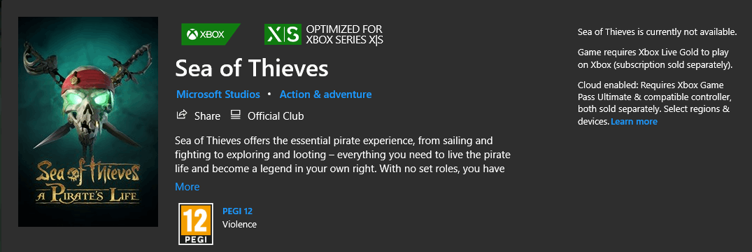 Sea of thieves pc xbox live shop required