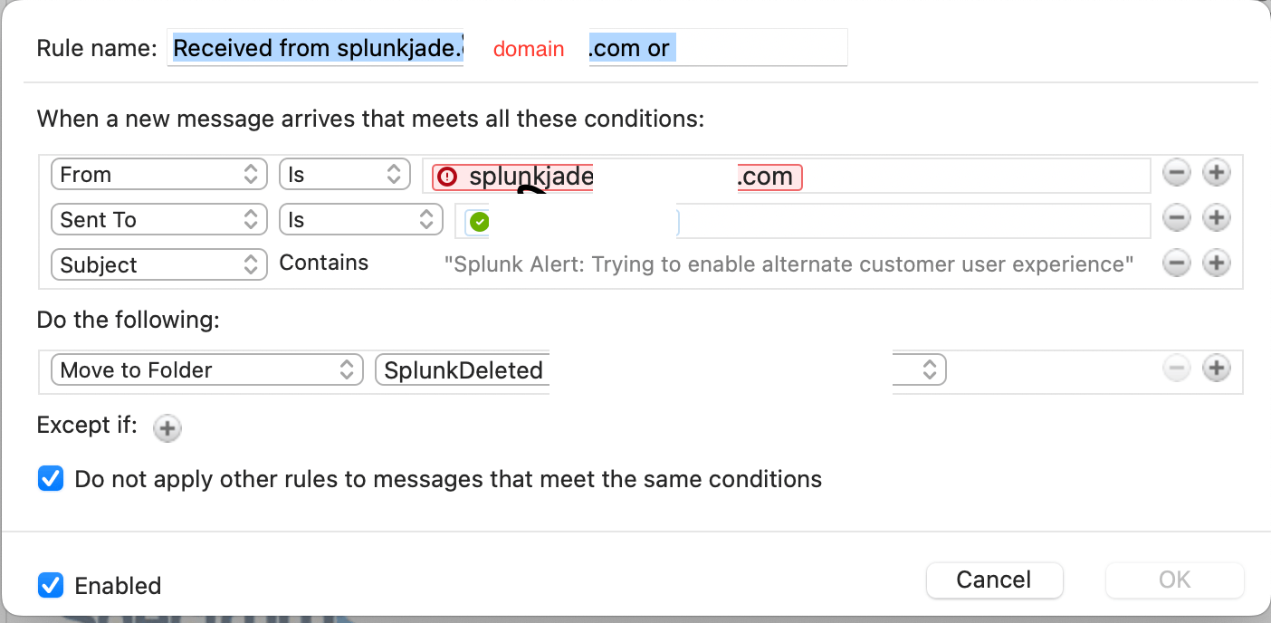 cannot create rules in outlook because sender