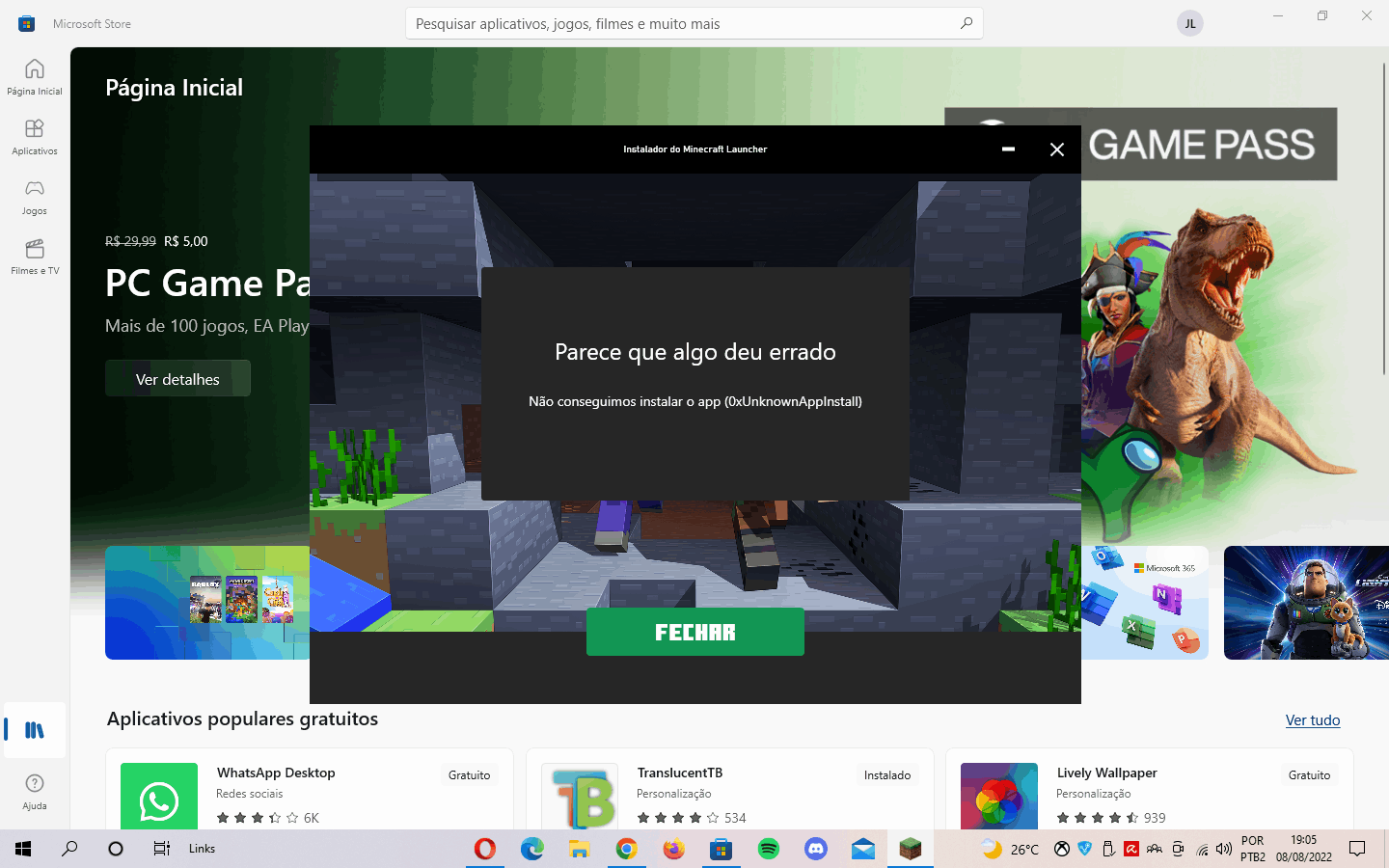 Erro ao tentar instalar minecraft BEDROCK no launcher da - Microsoft  Community