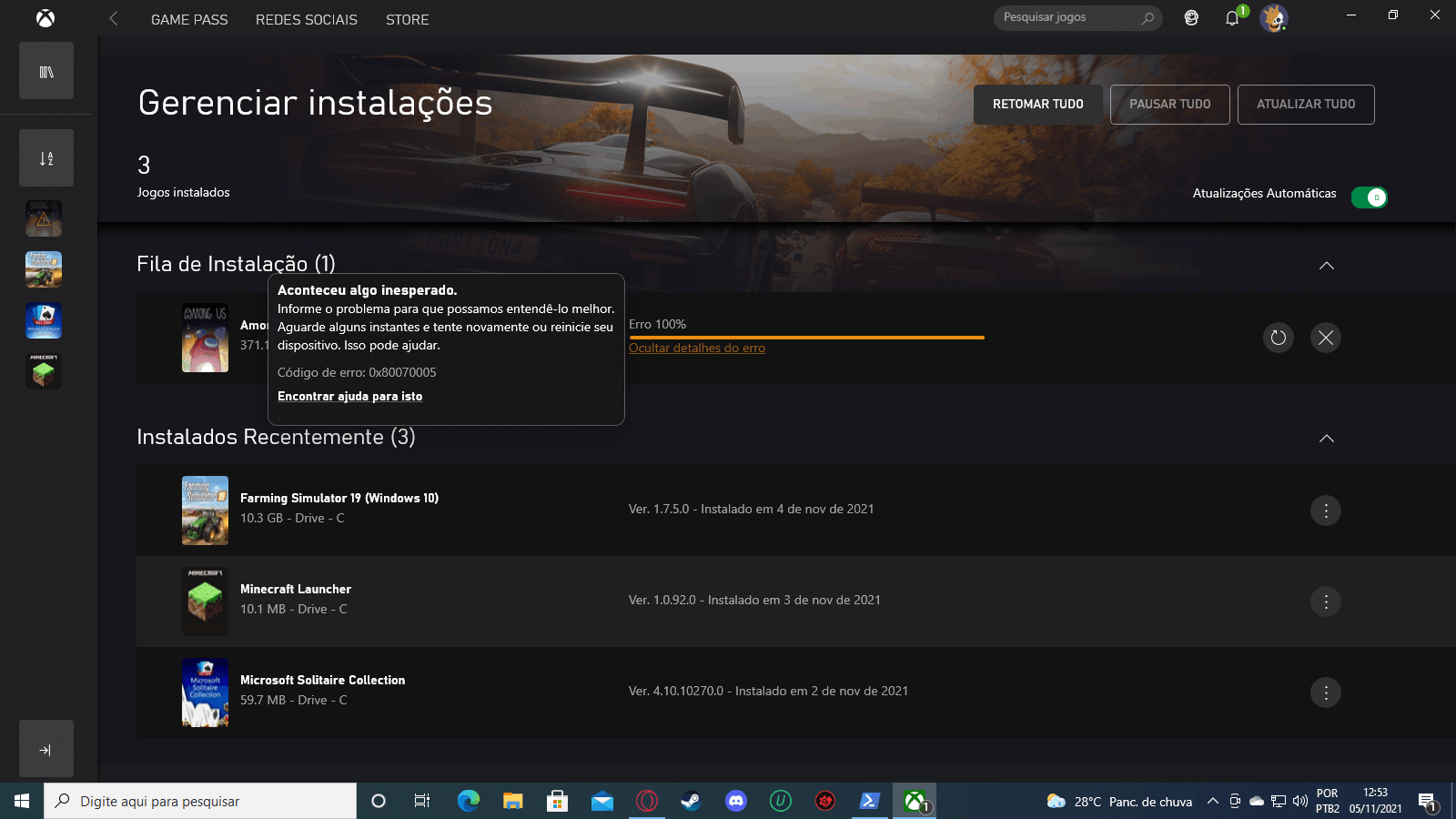 Não consigo instalar jogos no meu HD com o Xbox game pass (erro - Microsoft  Community