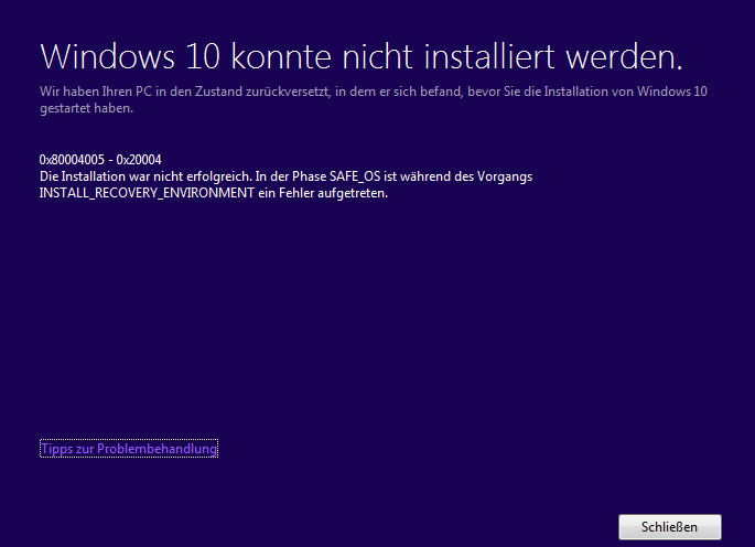 Beim installieren von Windows 10 ist Fehler 0x80004005 ...