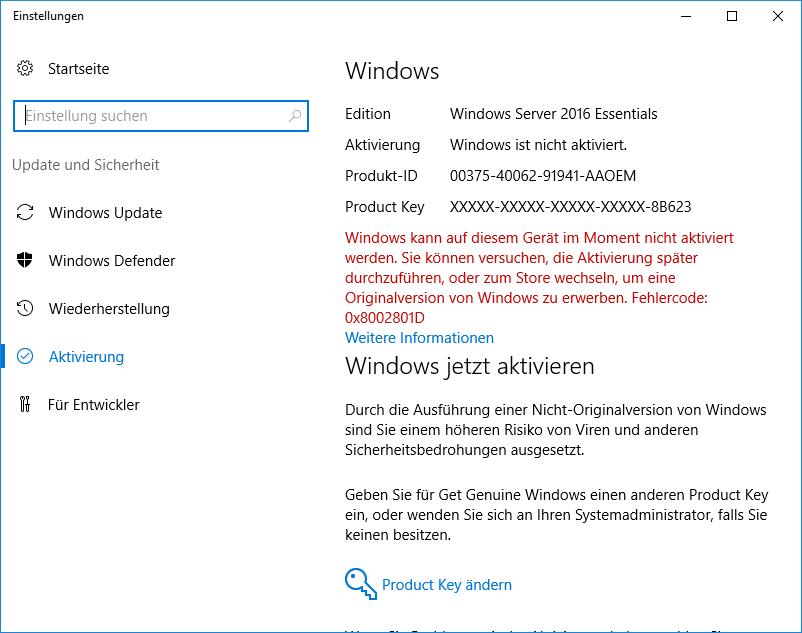 Server Essential 2016 Aktivierung Fehler 0x8002801D