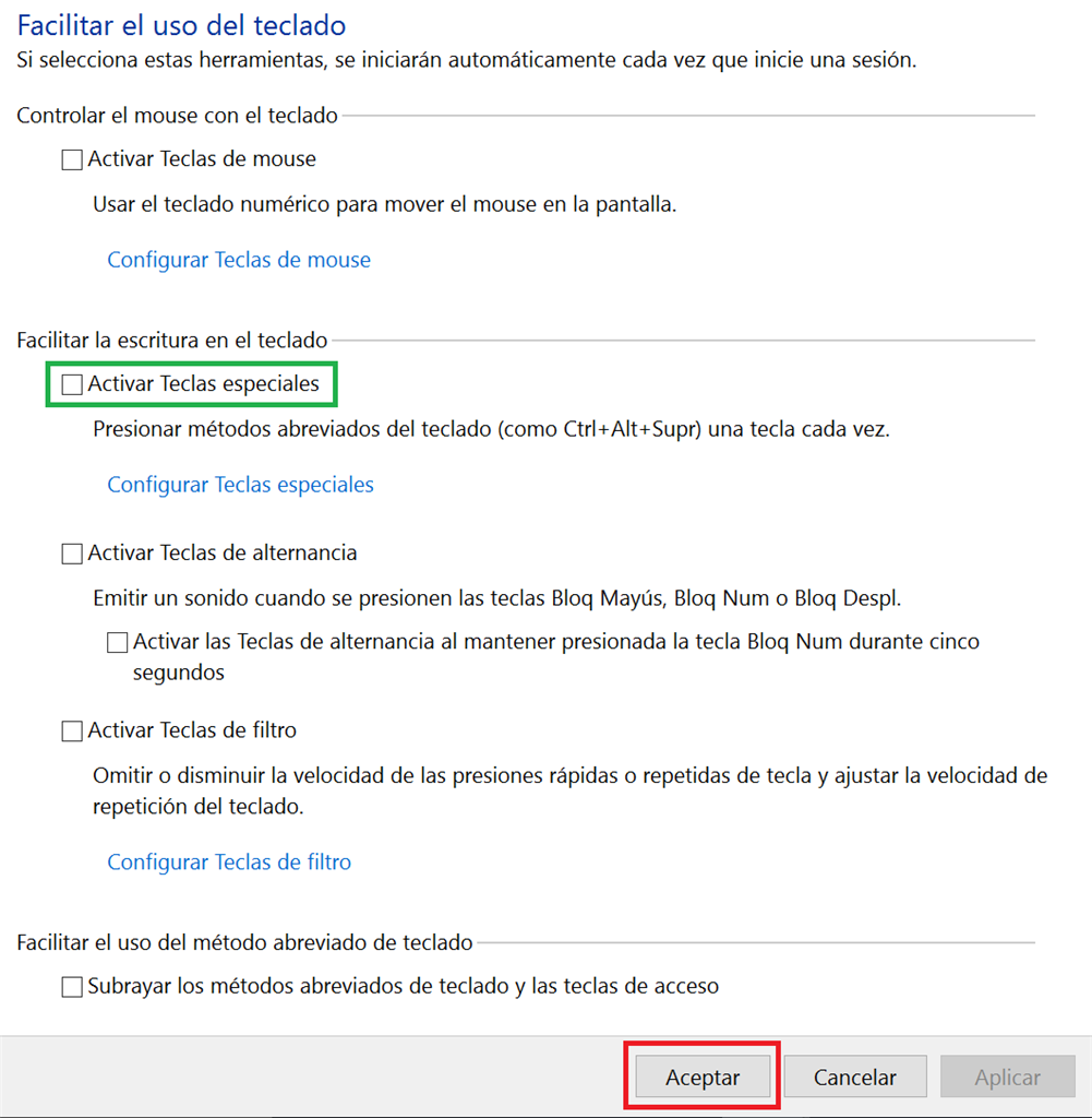 Menagerry De hecho Momento Windows 10 - Desactivar las Teclas especiales desde las Opciones de -  Microsoft Community