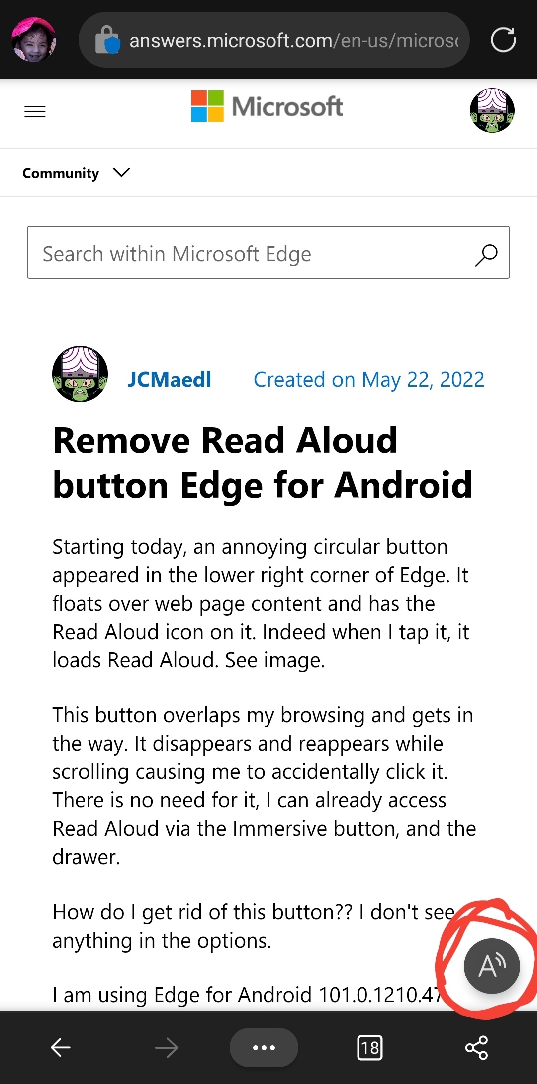 Remove read aloud button edge for android microsoft community