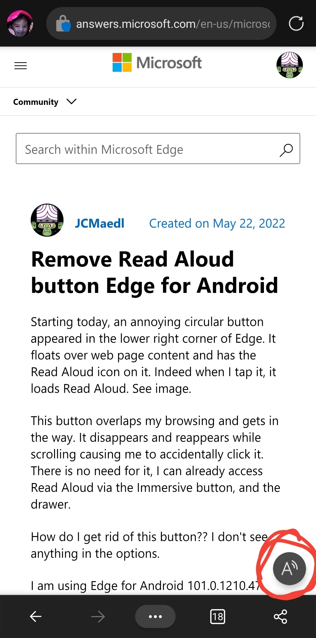 Remove Read Aloud button Edge for Android - Microsoft Community