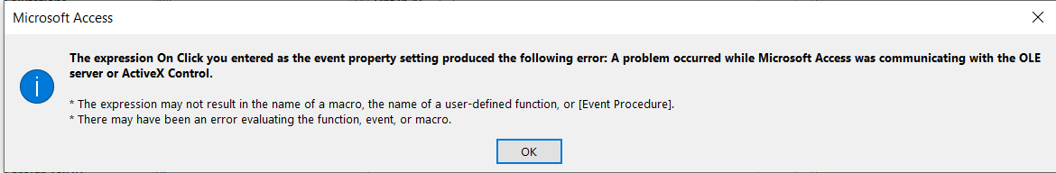 Microsoft Access: A problem occurred while Microsoft Access was ...