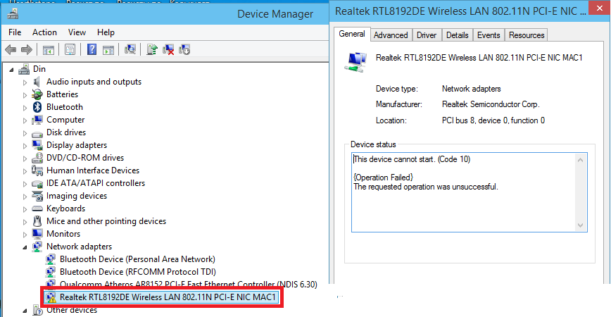Не работает Wi-Fi модуль Realtek RTL8192DE Wireless LAN 802.11N PCI-E NIC M...