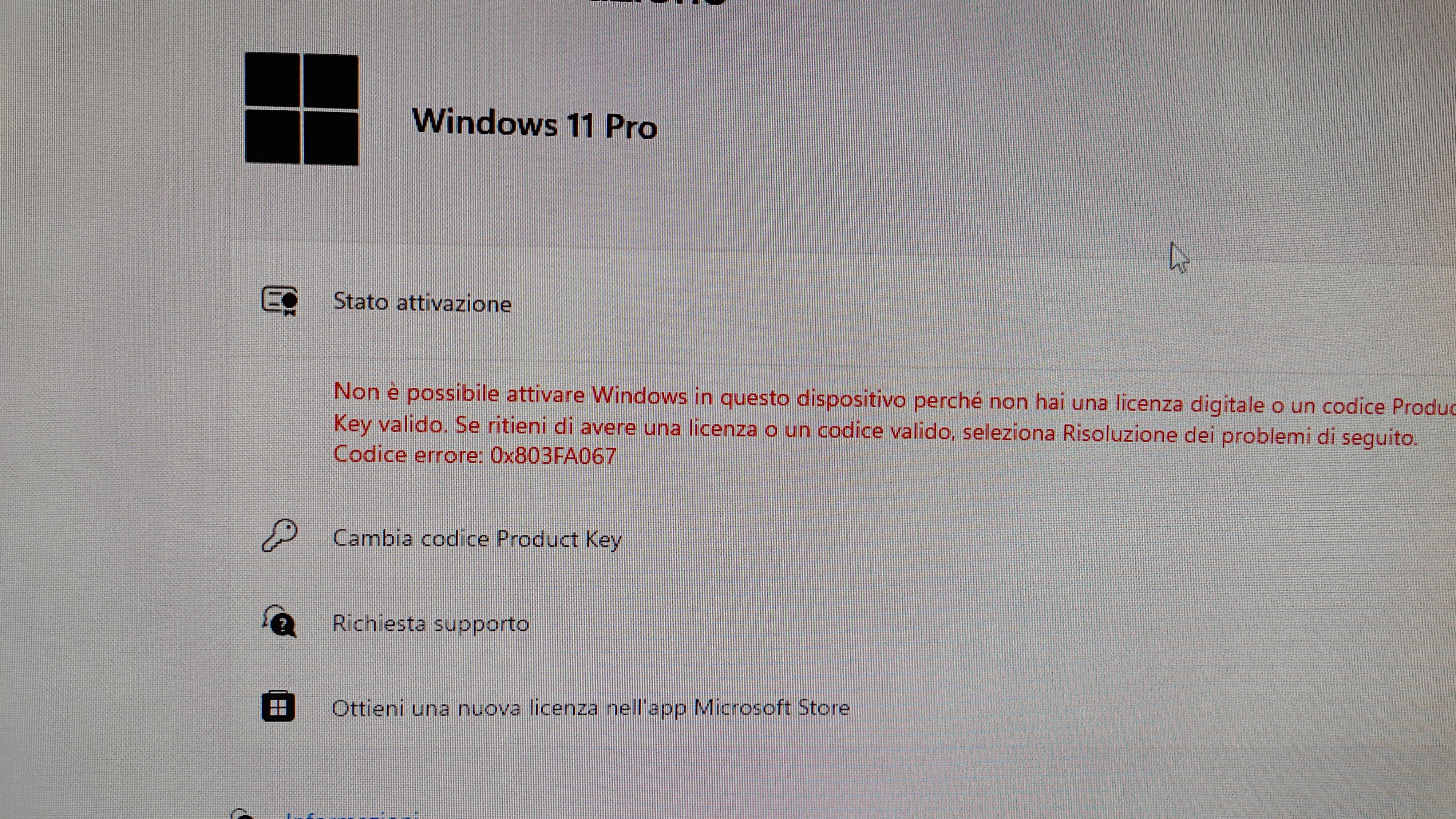 Licenza Windows 10 pro non accettata, errore 0x803FA067 - Microsoft  Community