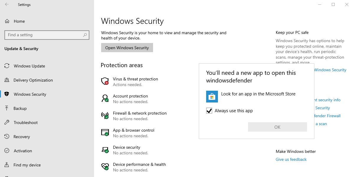 Windows security you ll need a new app to open this windowsdefender