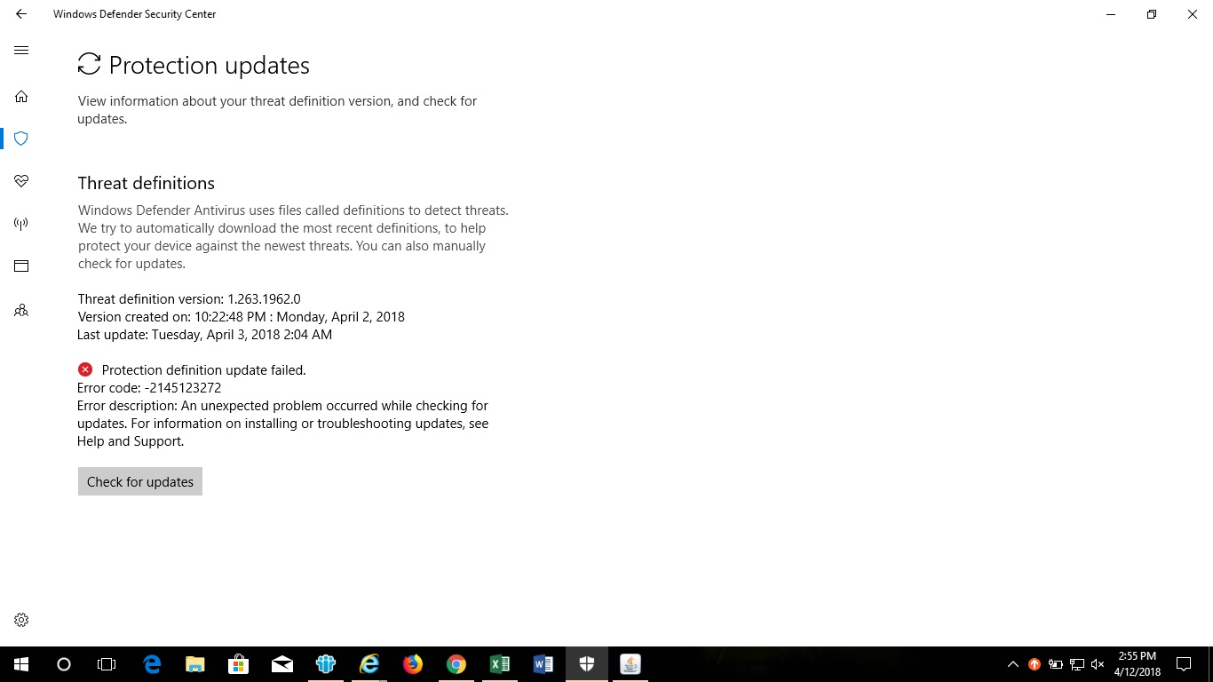 Windows Defender Security Center Protection Definition Update Failed Microsoft Community