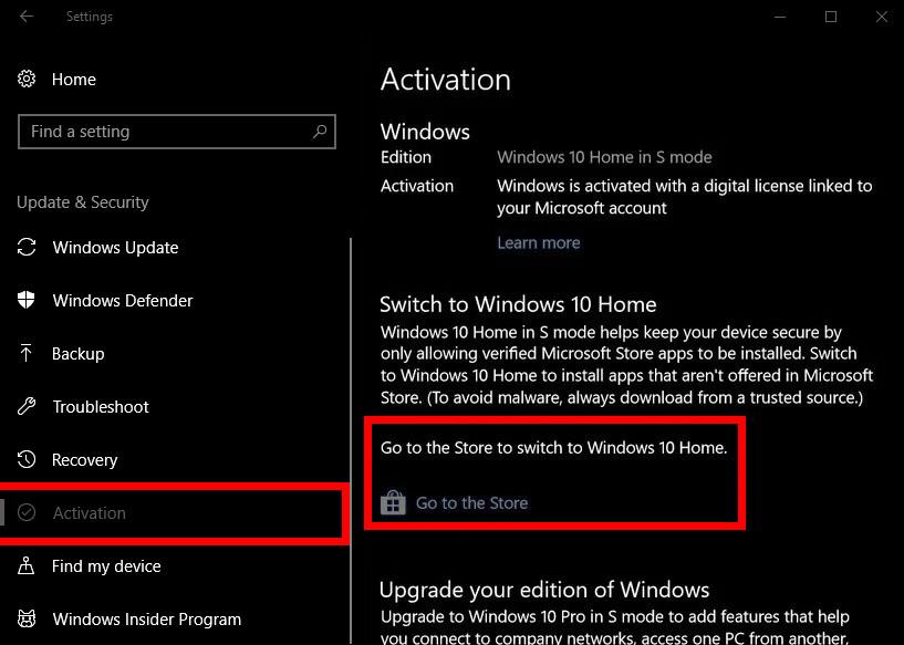 turn off s mode windows 10 without microsoft account