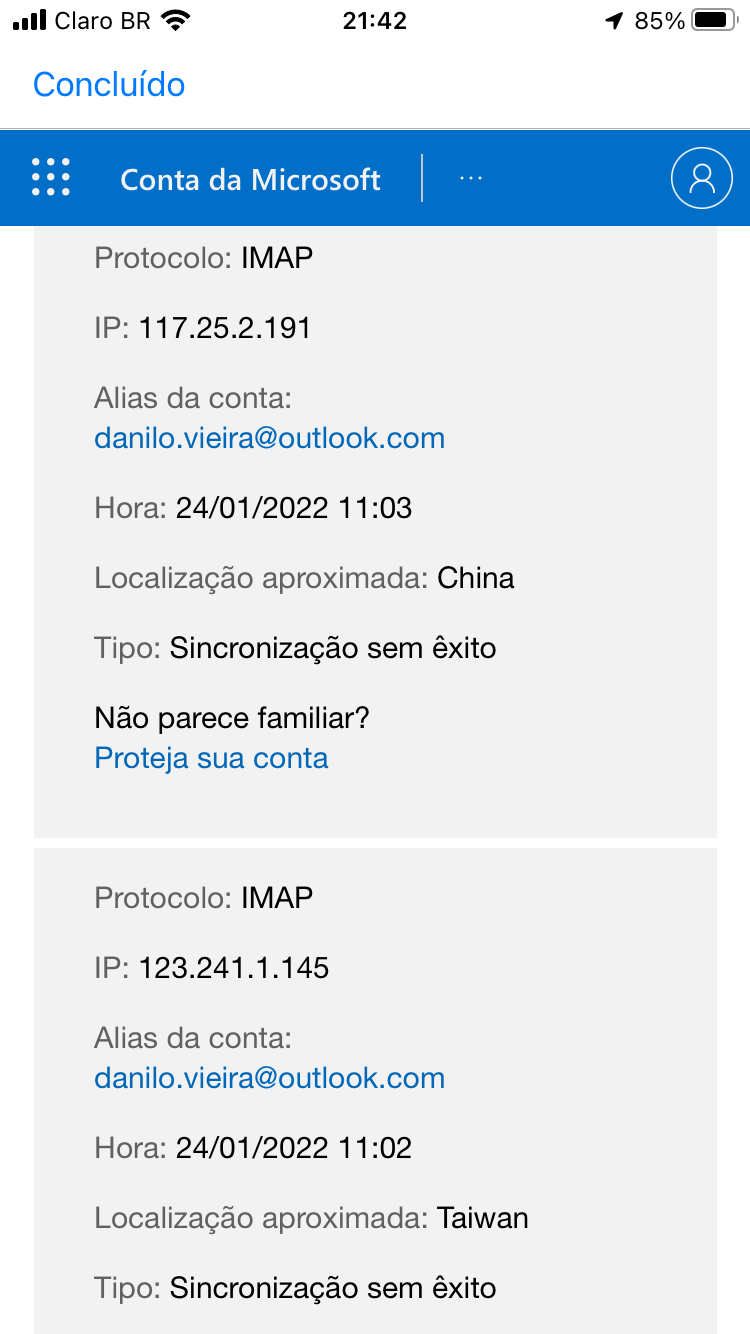 Tentativas de acesso a minha conta de vários países diferentes - Microsoft  Community