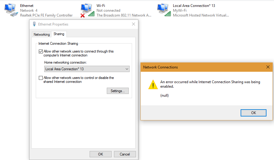 Ошибка internet connection sharing cannot be enabled a lan connection