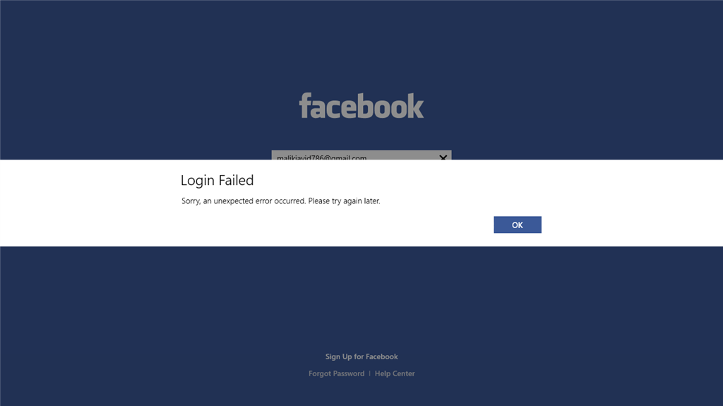 Unable to login to Facebook, error: Login failed.