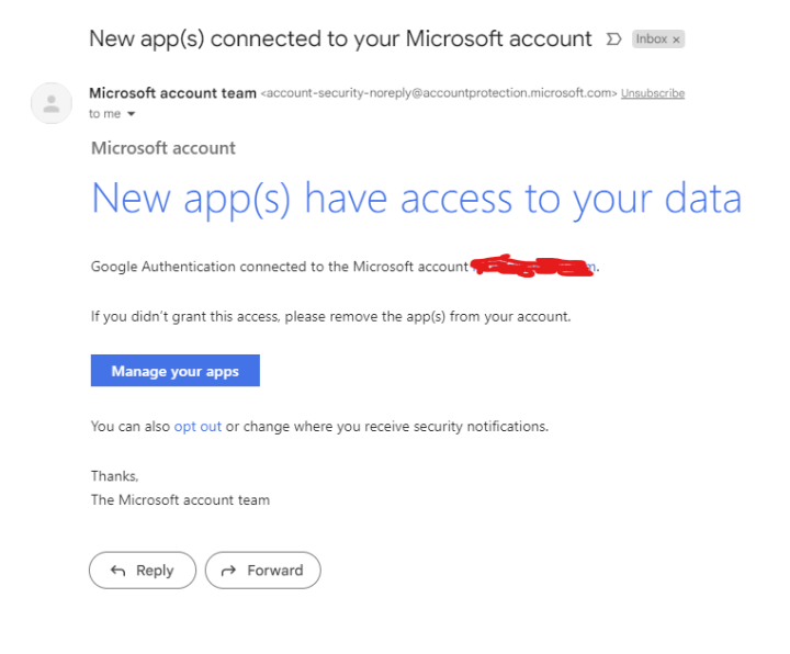 New App(s) Have Access To Your Microsoft Account Email Scam