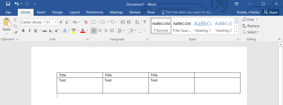 Word 2016 When a column is created with multiple rows and a