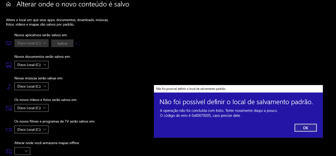 Erro 0x80070005 ao tentar mudar local de instalação para jogos do -  Microsoft Community