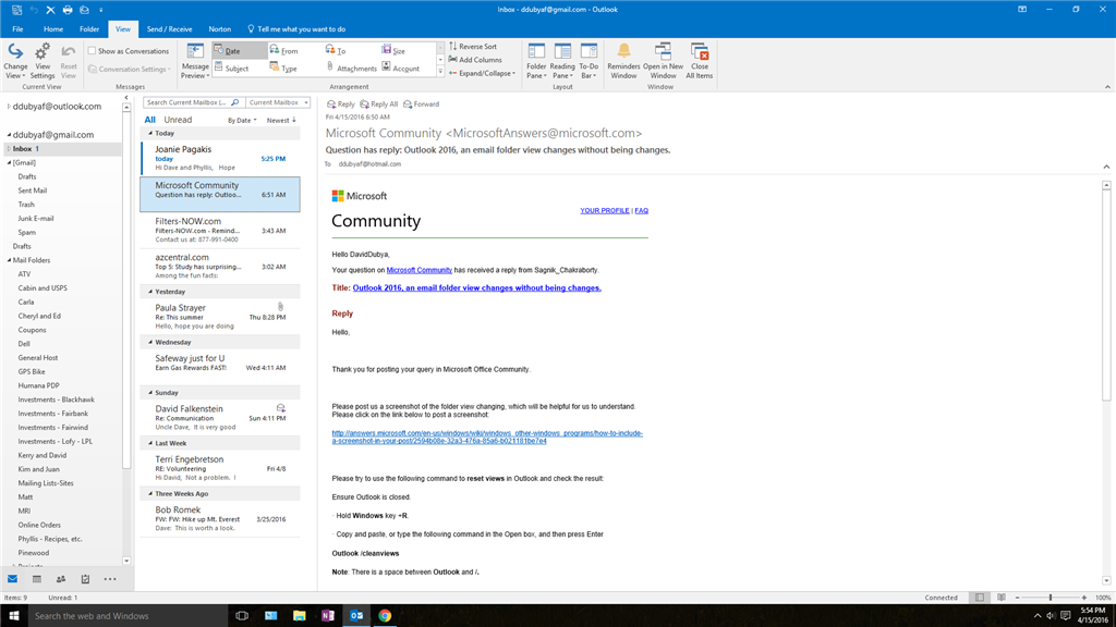 Outlook 2016, an email folder view changes without being changes