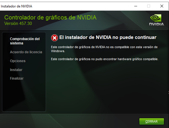 Error al actualizar driver version de Windows incompatible