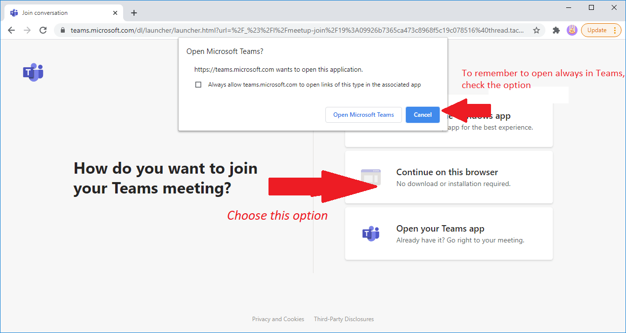 how to open teams link in browser