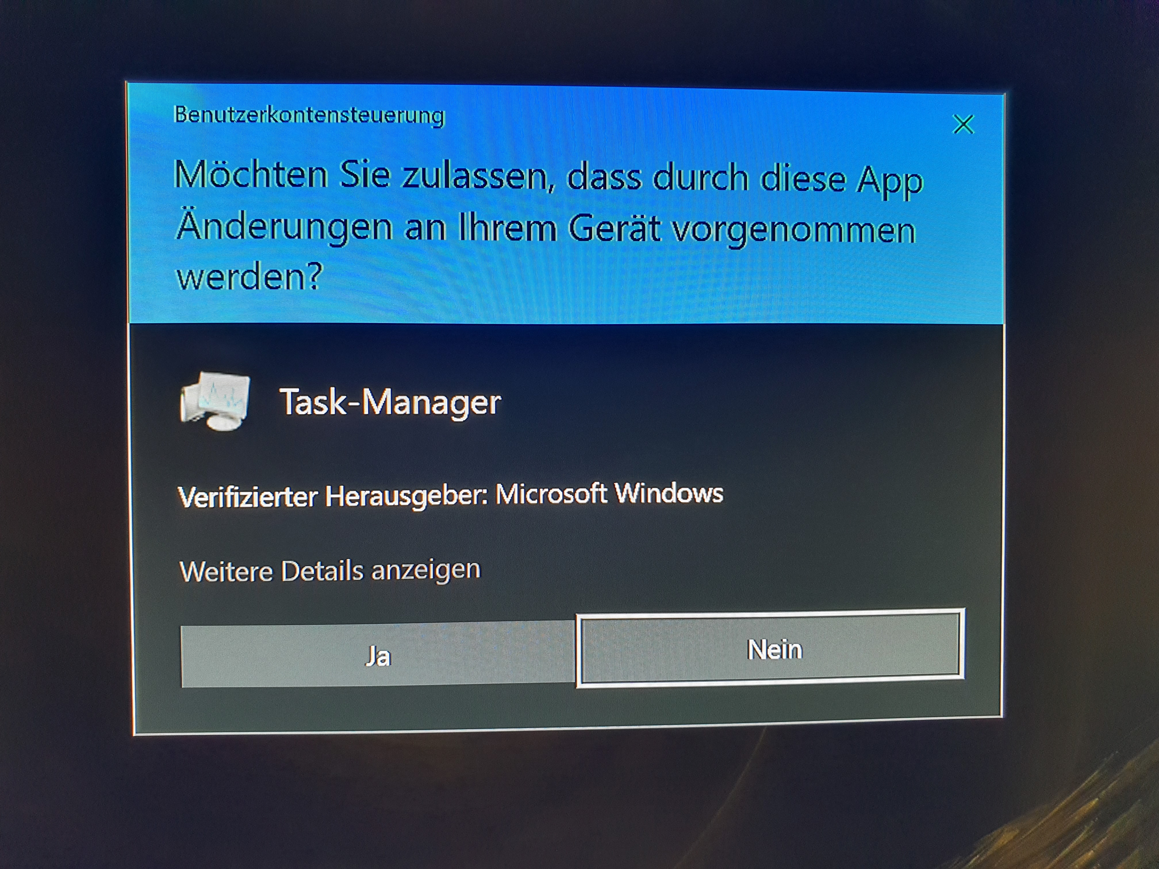 Task-Manager öffnen bedarf einer Bestätigung der Benutzerkontensteuerung.