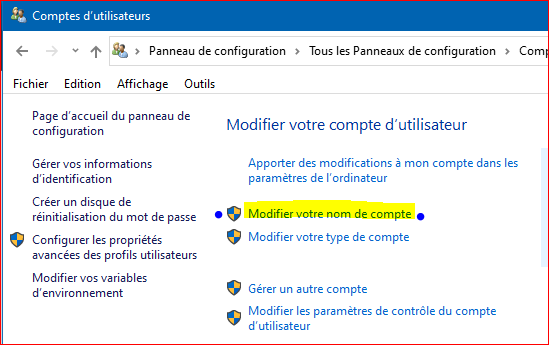 Renommer compte utilisateur windows 10