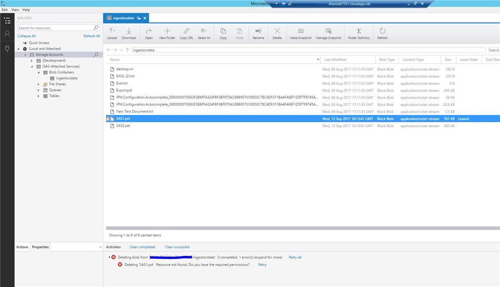 Deleting files in the ingestion data in Azure Storage Explorer 