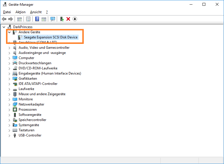 Nach dem Fall Creators Update: externe Festplatte (Seagate Expansion SCSI Disk Device) wird...