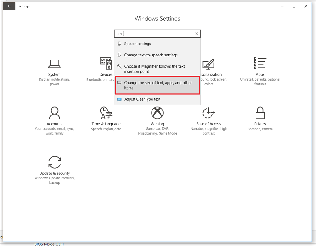 Text Size Option Not Shown In Windows 10 Version 1703 For X64-based 