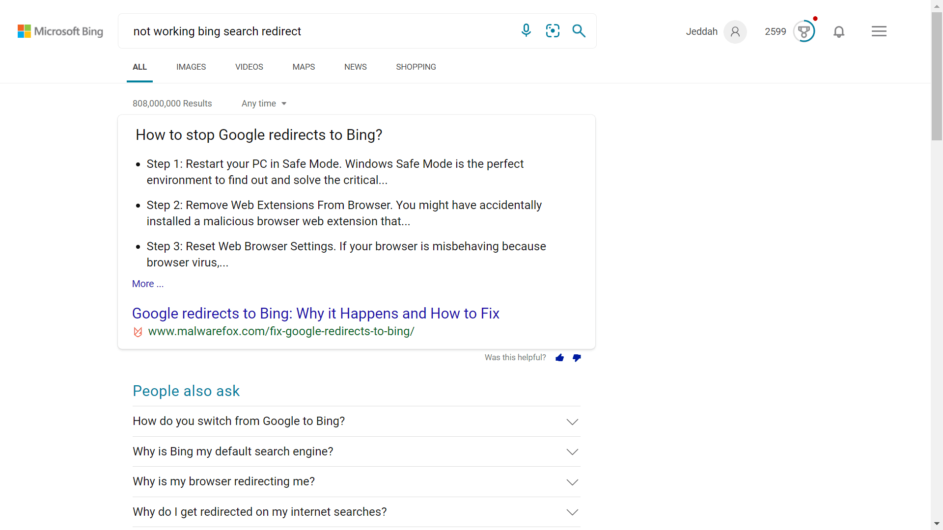 Searching YouTube from Microsoft Bing redirects me to a Bing search