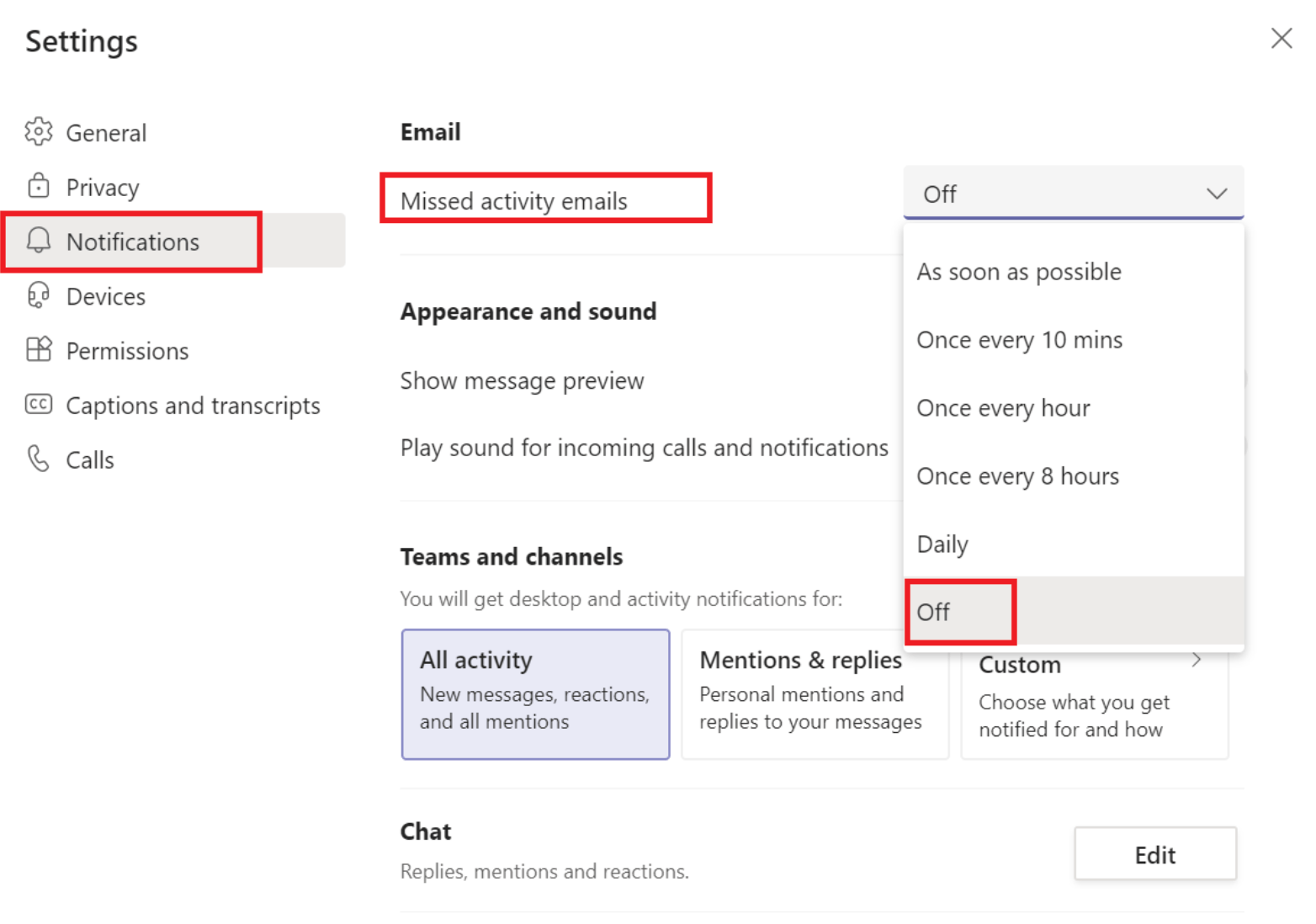 microsoft teams email notifications turn off