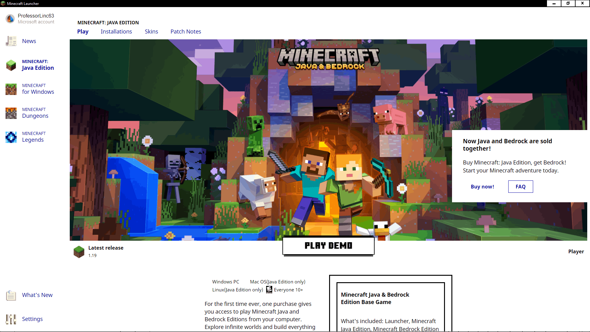 Minecraft: Java & Bedrock Edition for PC Windows 10 Account