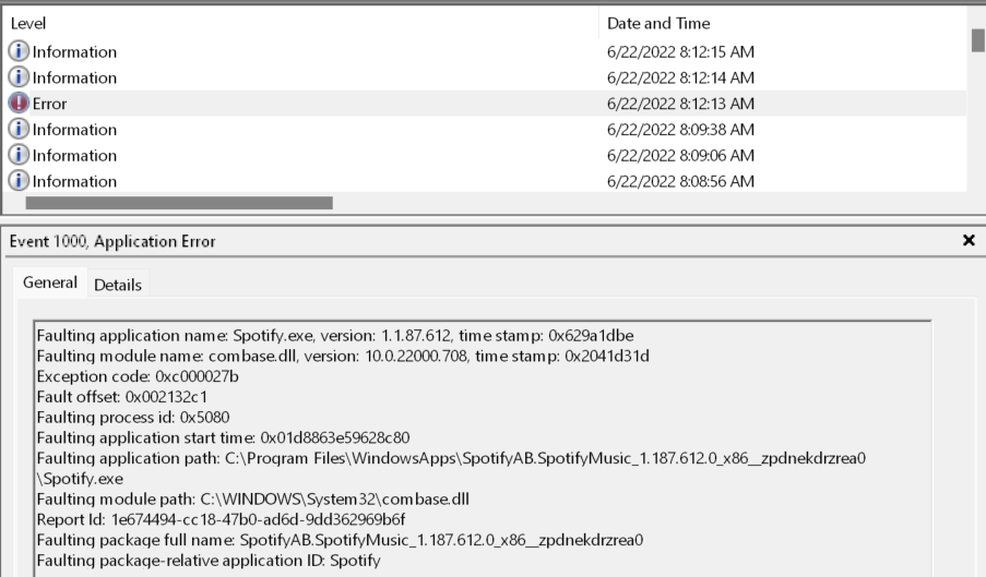 Spotify app repeatedly crashing due to combase.dll error - Microsoft ...