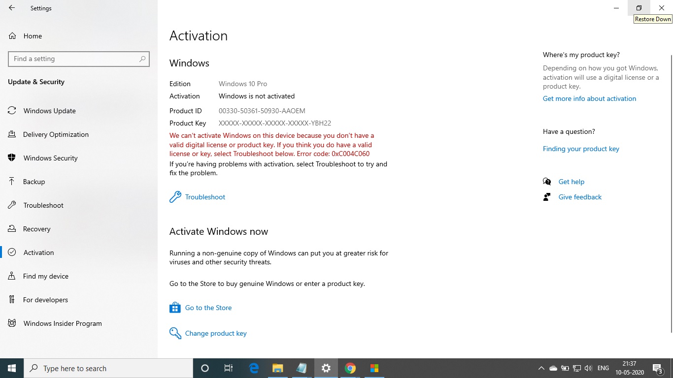 Windows 10 Activation Problem Error Code 0xc004c060 Microsoft Community