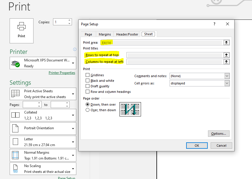 Print area Rows to repeat at top columns to repeat at left