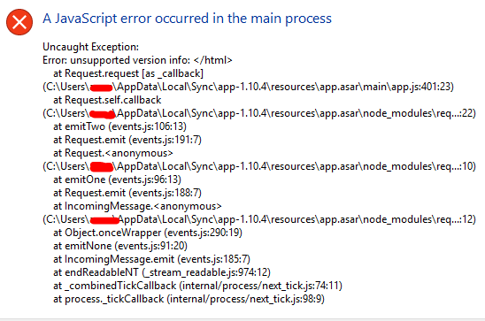 A JavaScript error occurred in the main process. Uncaught